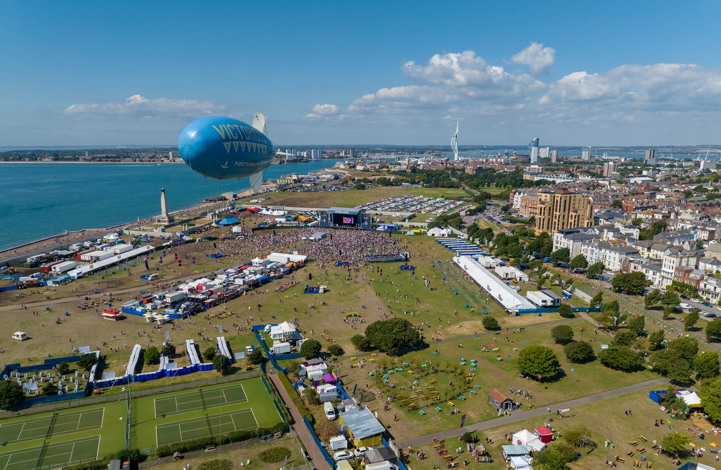 Drone shot of the Victorious Festival site on a sunny day