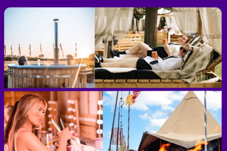 Grid of images showing people enjoying benefits of Freshfields, including relaxing in a hot tub and lying on sun loungers