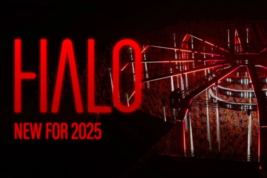 Graphic featuring the Halo 2025 logo and a picture of the runway stage